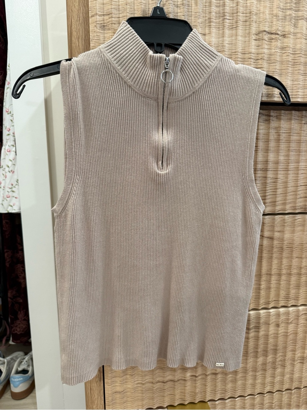 Calvin Klein Beige Ribbed Mock Neck Tank with Zip